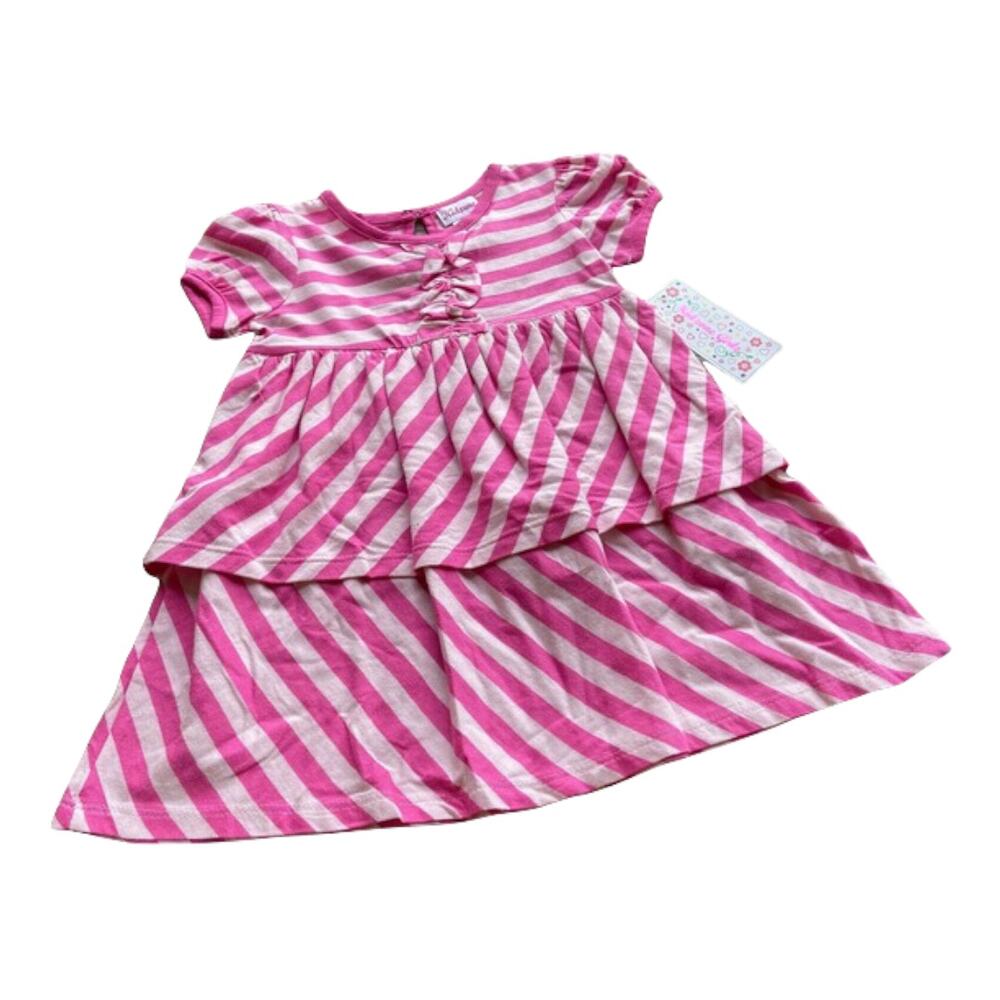 Kidzone‎ Girls Dress Size 3T Pink Striped Ruffle Short Sleeves NEW
